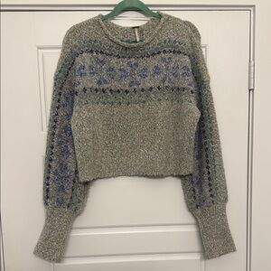 Free People Gray and Blue Crew Neck Sweater with Balloon Sleeves